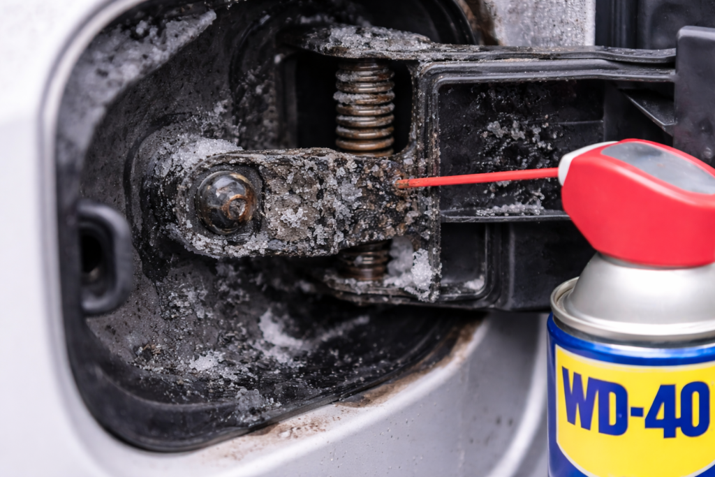 Macro shot of Accord fuel door hinge with dirt and frost buildup, lubricant spray nearby showing why the fuel door gets stuck.