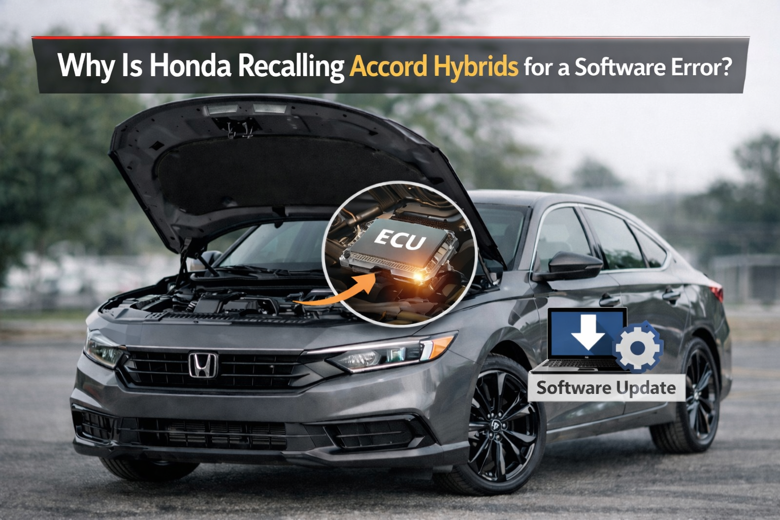 Why Is Honda Recalling Accord Hybrids for a Software Error? image of Honda sedan with hood open and ECU update graphic.
