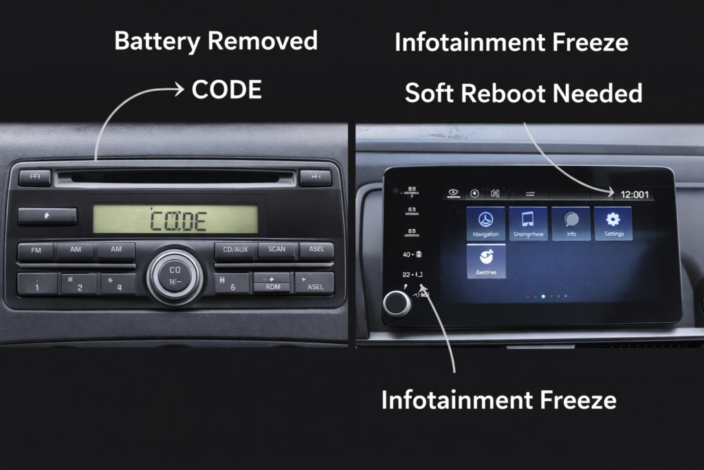 Honda Accord radio reset comparison showing CODE screen after battery removal and frozen infotainment needing soft reboot fix
