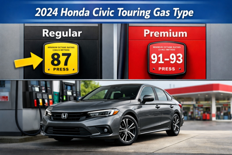 2024 Honda Civic Touring gas type shown at fuel pumps comparing Regular 87 and Premium 91–93, with the Civic parked at a gas station.