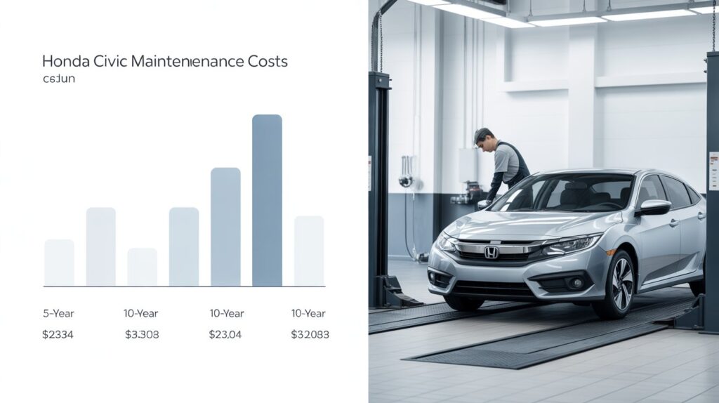How Much Does It Cost to Maintain a Honda Civic for 5–10 Years? Bar chart with Civic in service bay on lift.