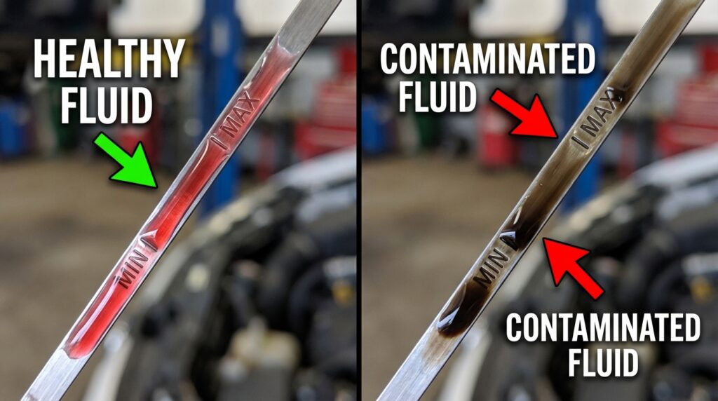 How to check transmission fluid Honda Accord dipstick comparison showing healthy red fluid versus contaminated dark fluid between MIN and MAX marks.