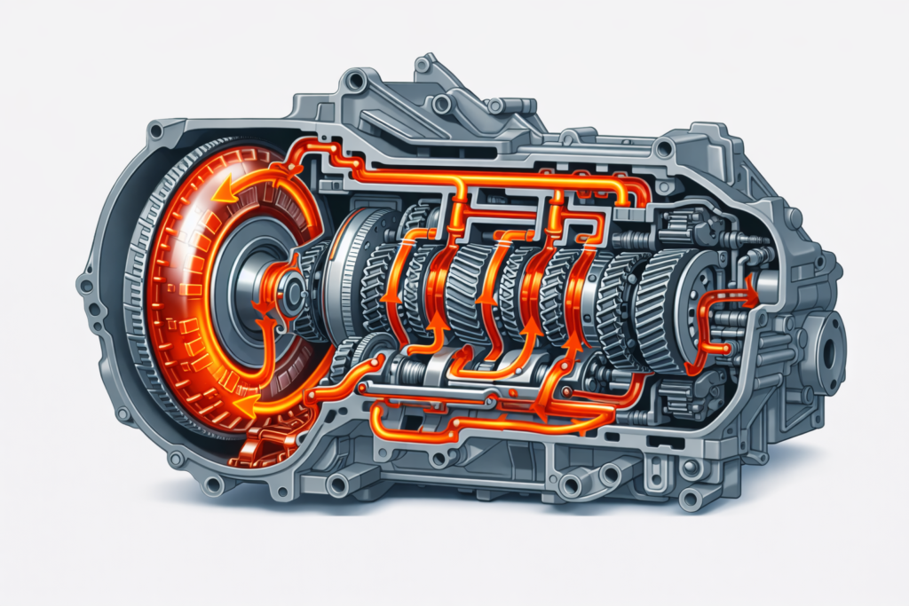 **Alt text (125 characters):**
Transmission cutaway diagram showing fluid flow, torque converter, and gears to explain **Are transmission problems common in the Honda Accord**.
