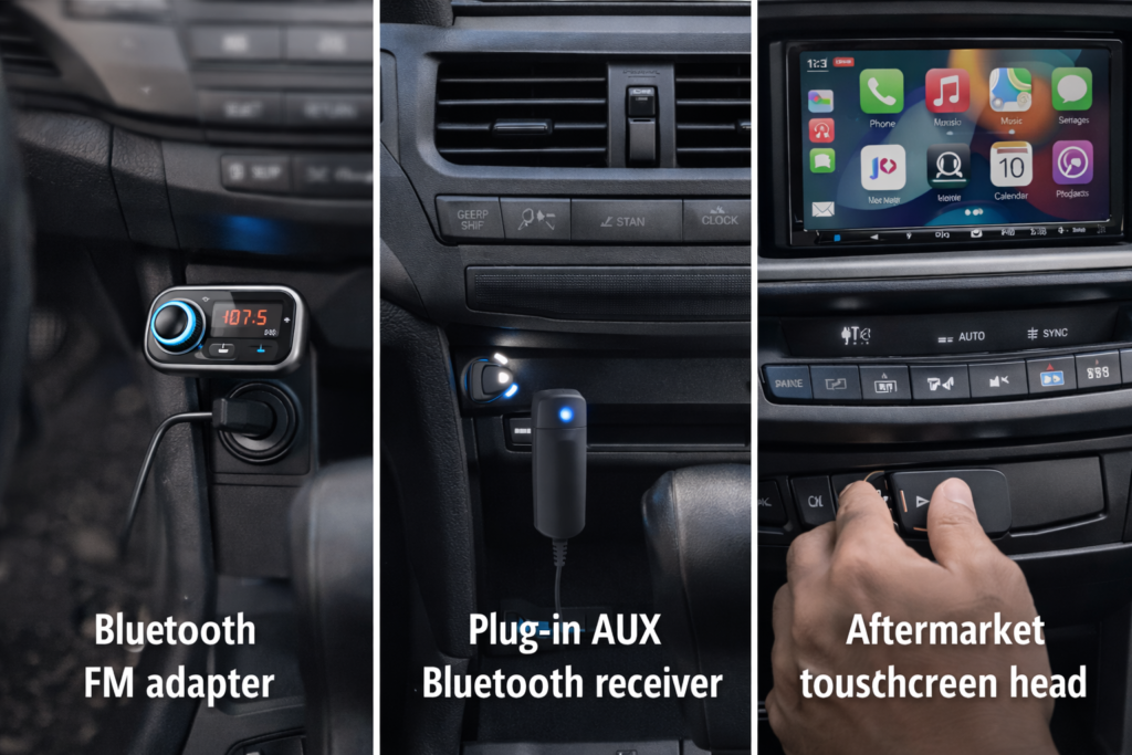 Comparison showing FM adapter, AUX Bluetooth receiver, and touchscreen upgrade to explain Can You Add Bluetooth to a 2012 Honda Accord.