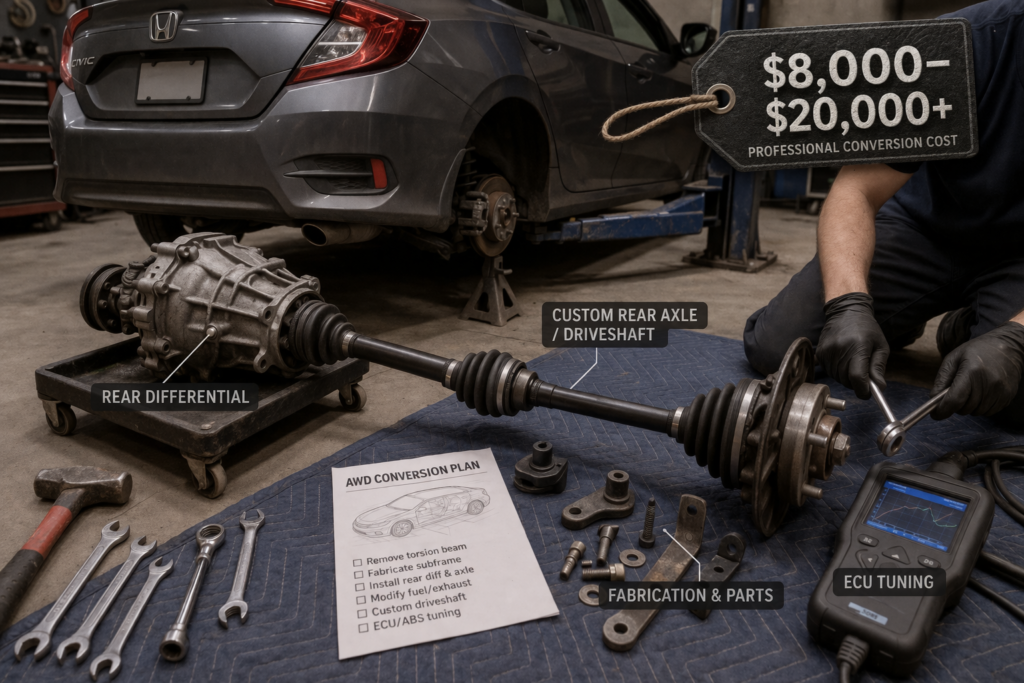 Honda Civic AWD conversion setup showing rear differential, driveshaft, tools, and cost estimate in a workshop scene
