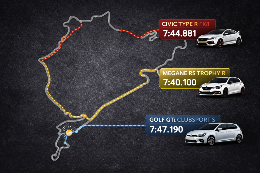 Infographic showing Civic Type R performance on the Nürburgring with lap time comparison vs Megane RS Trophy R and Golf GTI Clubsport S.
