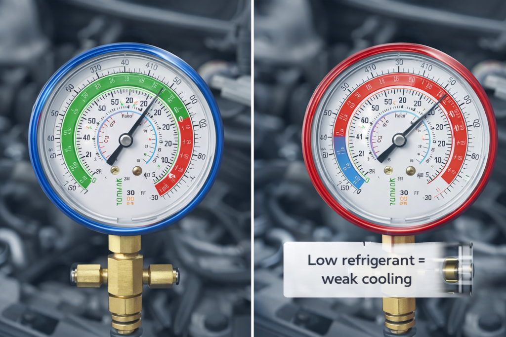 Could Low Refrigerant Cause Honda Accord AC Failure? Side-by-side AC pressure gauges showing normal vs low refrigerant levels.
