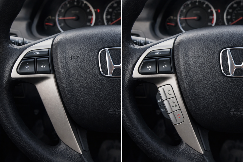 Interior comparison showing LX vs EX steering wheel to explain Do 2012 Honda Accords Have Bluetooth, highlighting phone controls on EX trim.