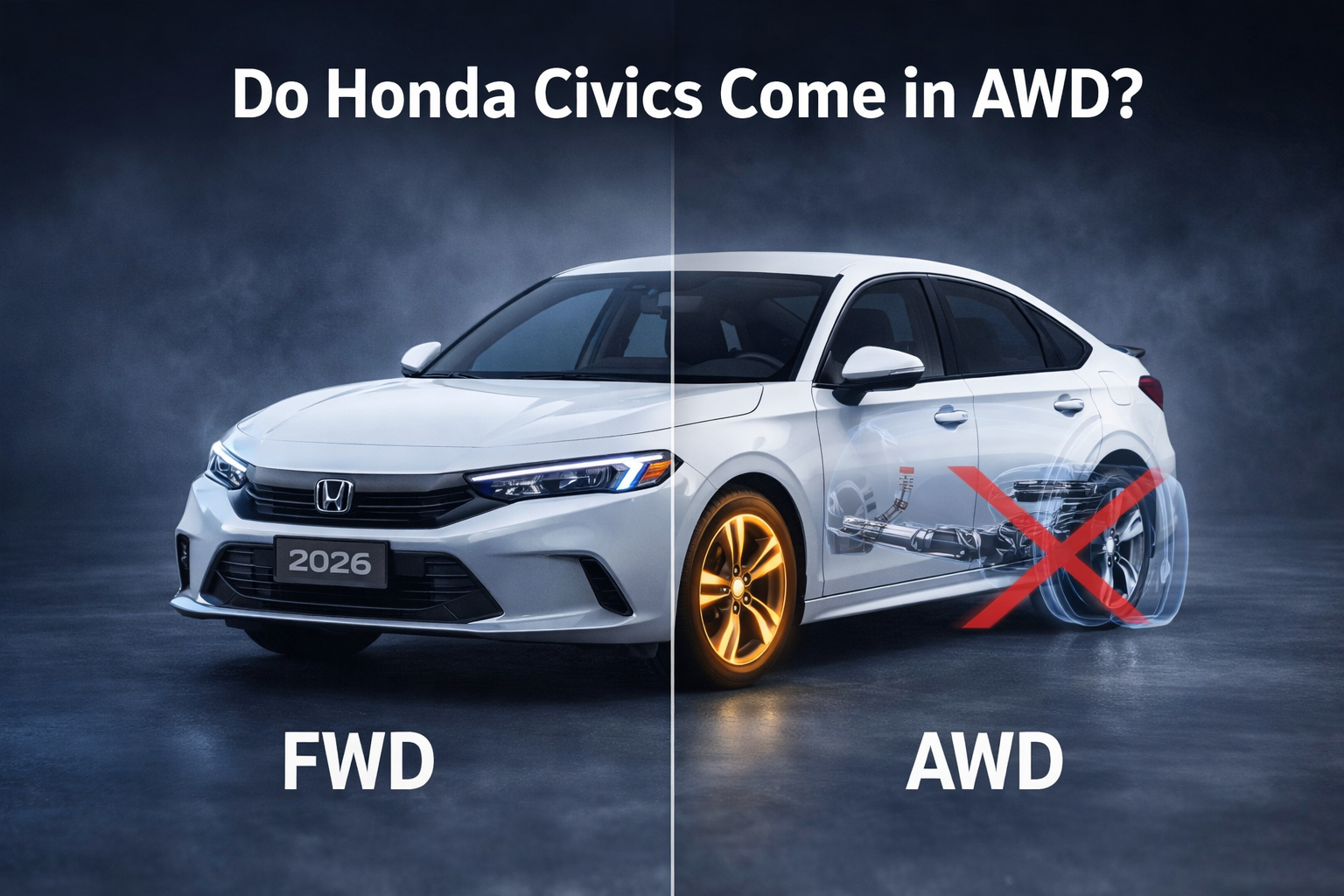 Do Honda Civics Come in AWD? Image shows 2026 Honda Civic with FWD highlighted and AWD option crossed out comparison graphic