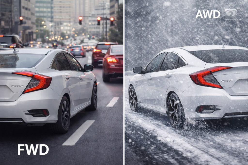 Honda Civic FWD in city vs snow with winter tires, showing real performance — Does AWD Make a Real Difference in Daily Driving?