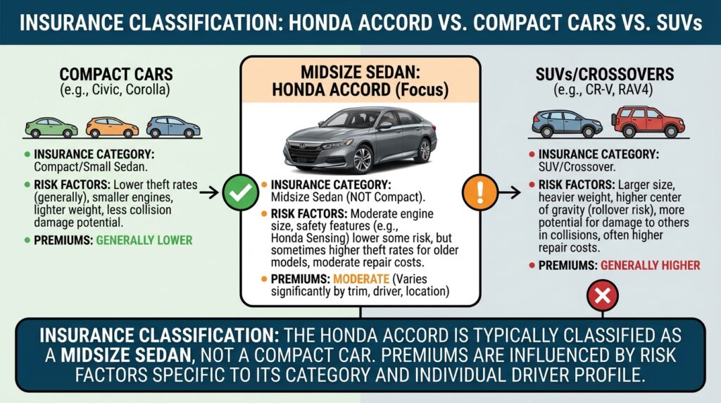 Honda Accord insurance classification chart comparing midsize sedan vs compact cars and SUVs with premium differences.