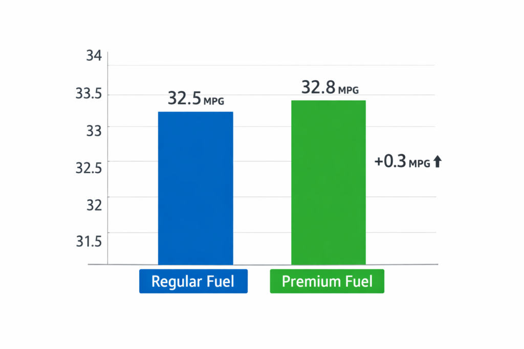 Bar chart answering **does premium fuel improve Civic Touring MPG** by comparing regular vs premium fuel economy with very small MPG gap.
