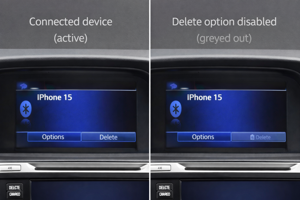 Split screen showing **hidden Bluetooth issues most Honda Accord owners miss**, active device connected vs delete option greyed out.
