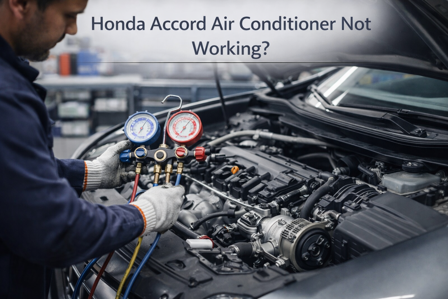 Honda Accord Air Conditioner not working diagnostic scene with mechanic checking AC compressor and refrigerant pressure gauges under hood