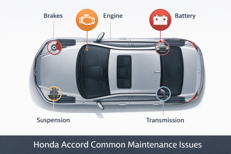 **Alt Text:** Top view diagram highlighting brakes, engine, battery, suspension, and transmission showing Honda Accord Common Maintenance Issues.