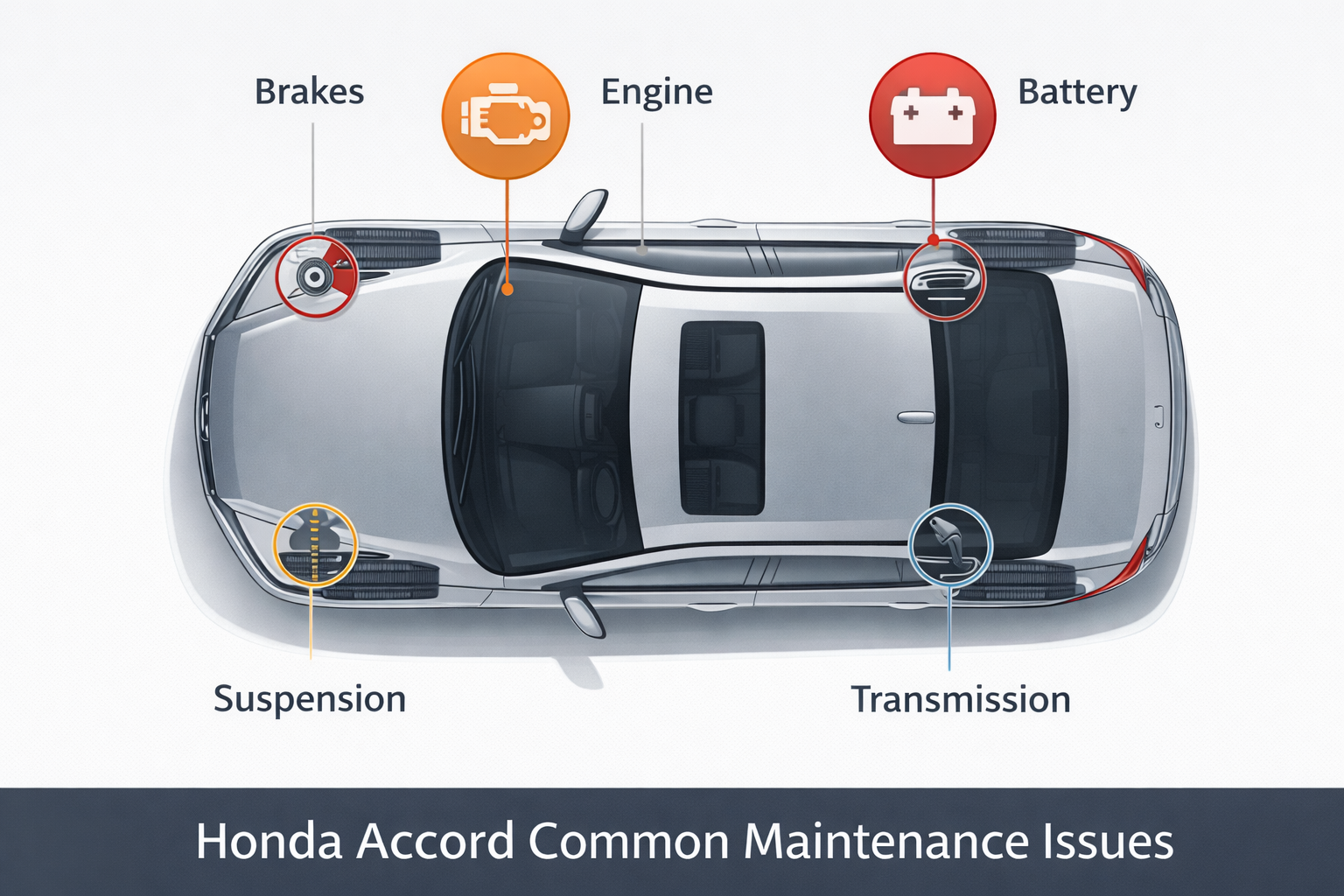 **Alt Text:** Top view diagram highlighting brakes, engine, battery, suspension, and transmission showing Honda Accord Common Maintenance Issues.