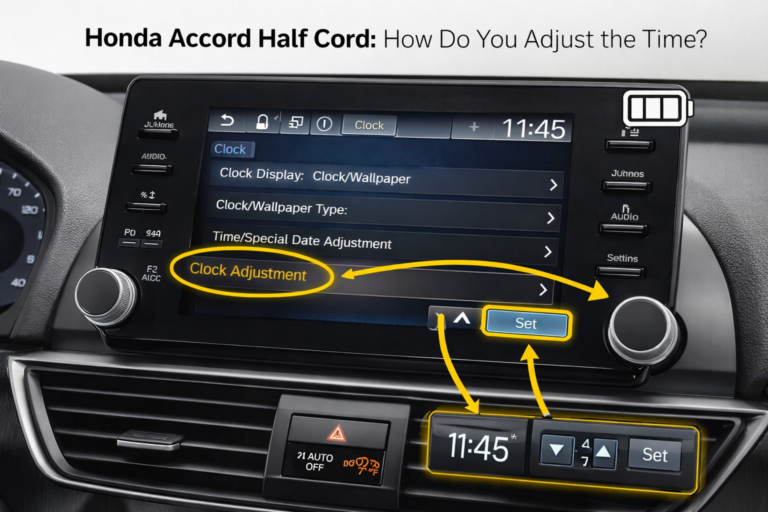 Honda Accord Half Cord: How Do You Adjust the Time? Dashboard showing clock adjustment on infotainment screen.