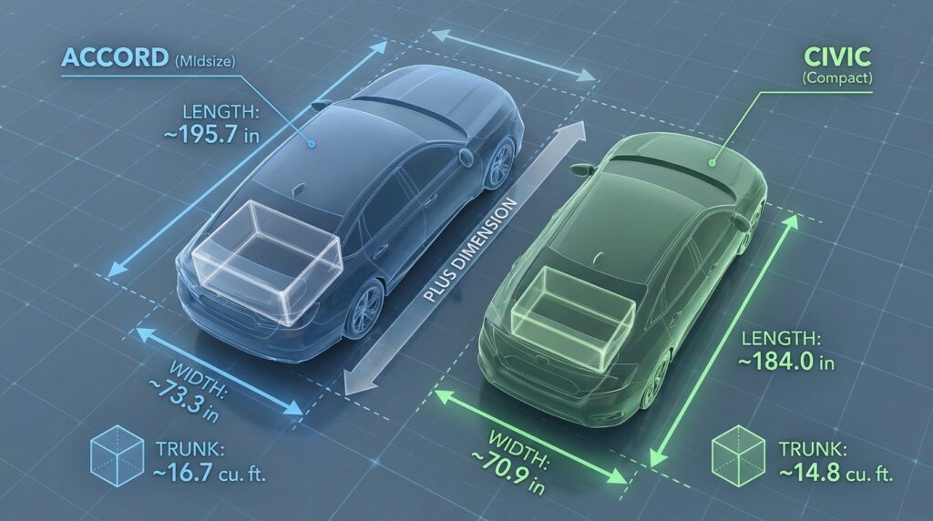 Honda Accord vs Honda Civic size comparison graphic showing length, width, and trunk volume in midsize vs compact sedan dimensions.