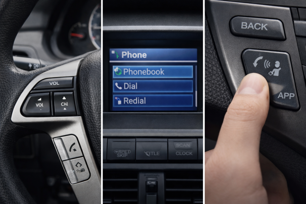 Three-panel guide showing steering wheel phone icon, dashboard Phone menu, and HandsFreeLink button to check 2012 Honda Accord Bluetooth.