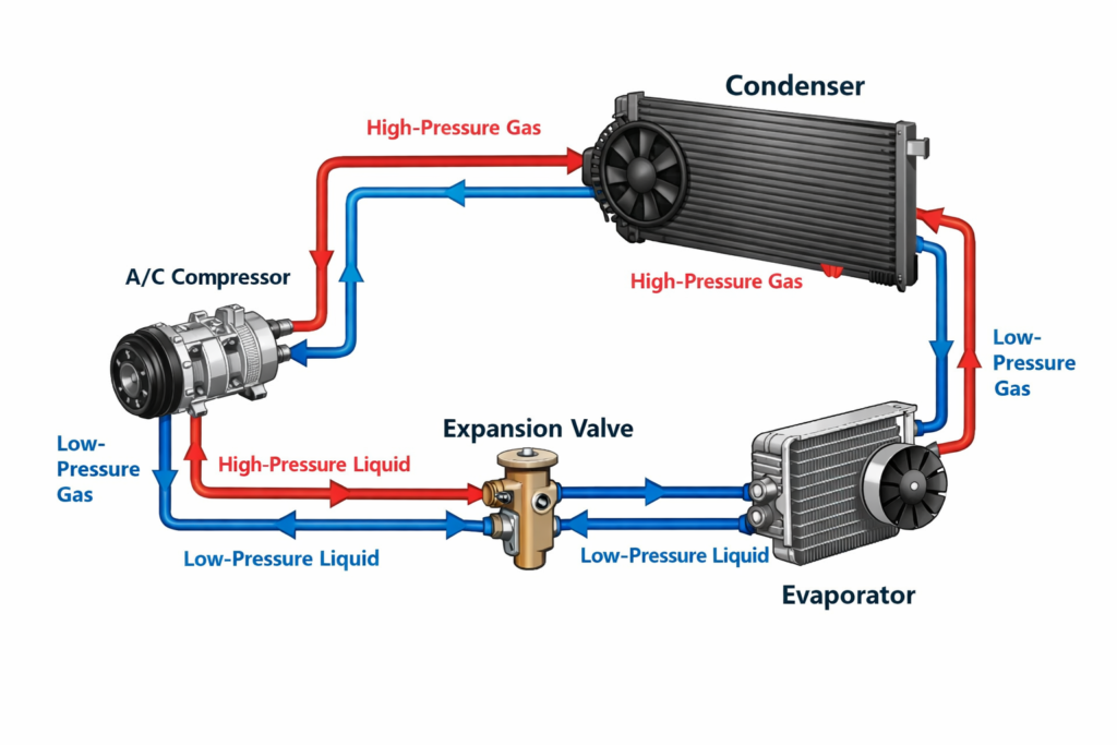 Honda Accord AC system diagram showing compressor, condenser, expansion valve, evaporator, and refrigerant flow cycle clearly.
