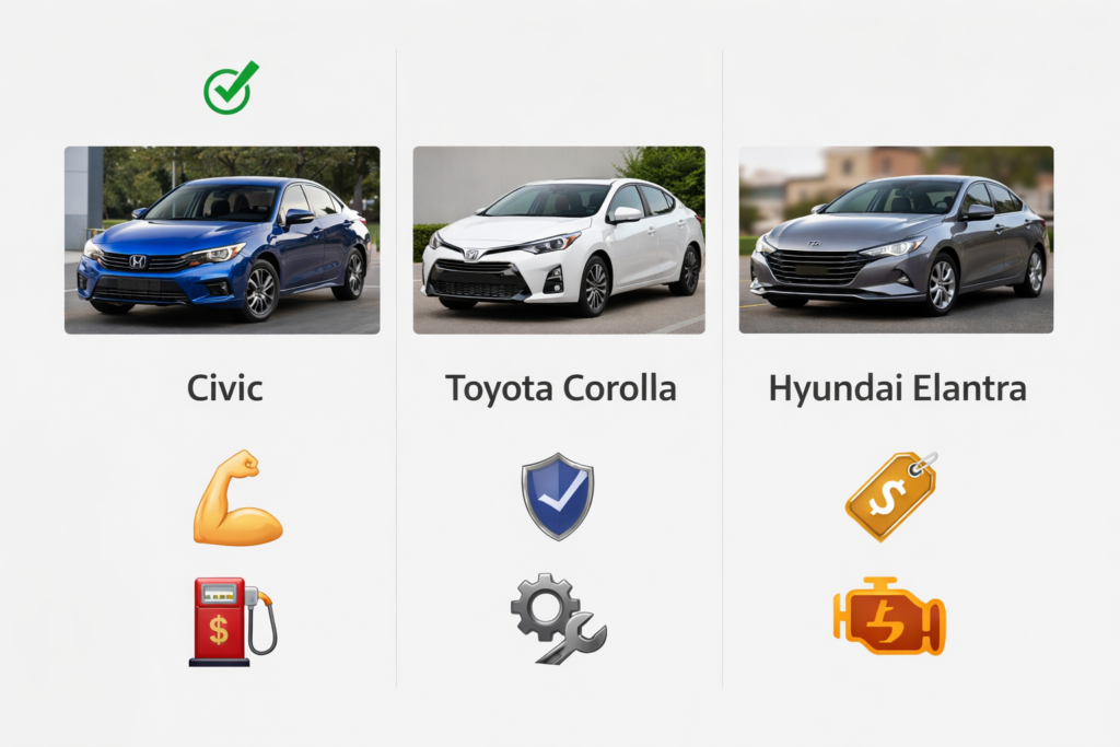 Side-by-side image showing how a Honda Civic compares to other first cars, including Corolla and Elantra with strength and weakness icons.