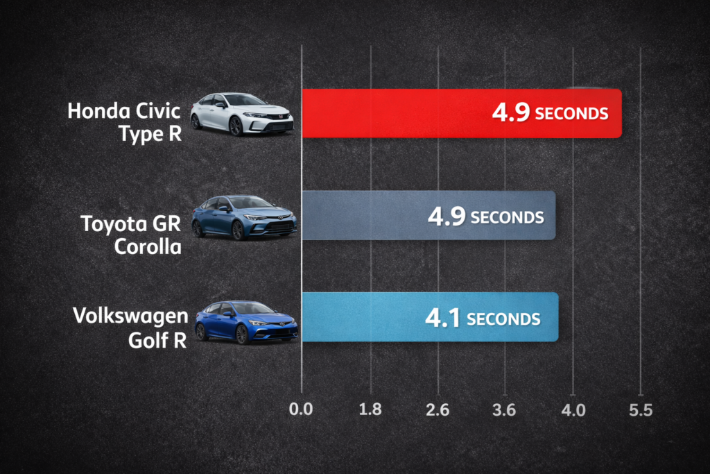 Sport compact 0–60 mph comparison chart showing Honda Civic Type R vs Toyota GR Corolla and Volkswagen Golf R acceleration times