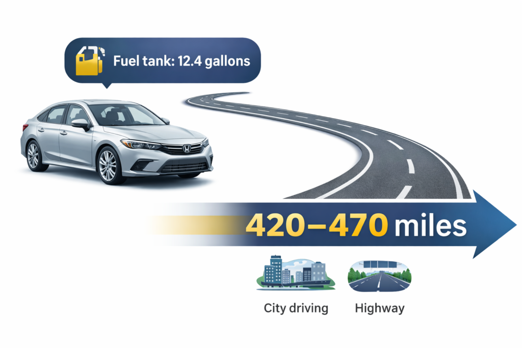Infographic showing **How Far Can the Civic Touring Drive on One Tank** with 12.4-gallon fuel tank and estimated 420–470 mile city and highway range. 
