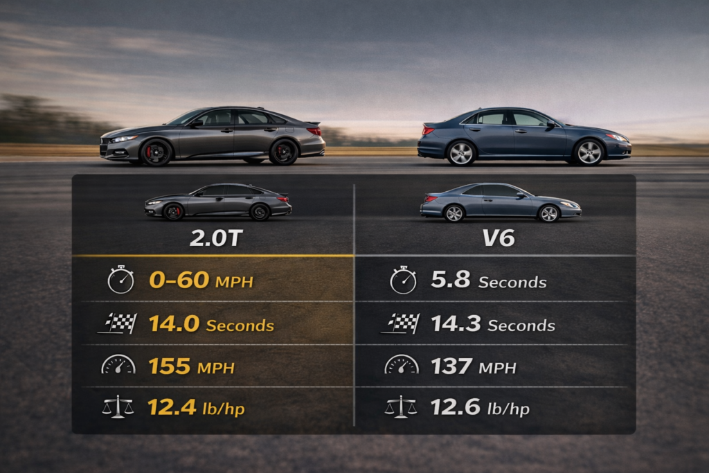Infographic comparing 2.0T vs V6 specs showing How Fast Is the 2.0T Accord (0–60 & Quarter Mile)? with speed data and charts
