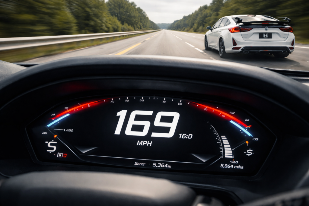 Digital speedometer showing 169 mph with a Honda Civic Type R driving on an open highway illustrating how fast the fastest Honda Civic can go.
