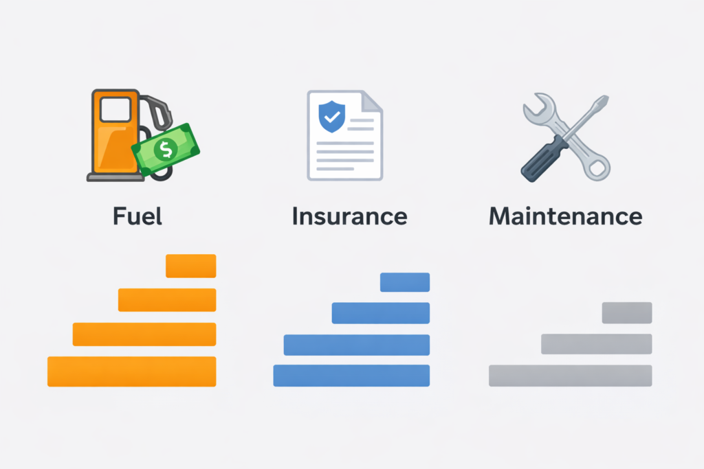 Car ownership cost infographic showing fuel, insurance, and maintenance expenses with icons and bars comparing relative costs.
