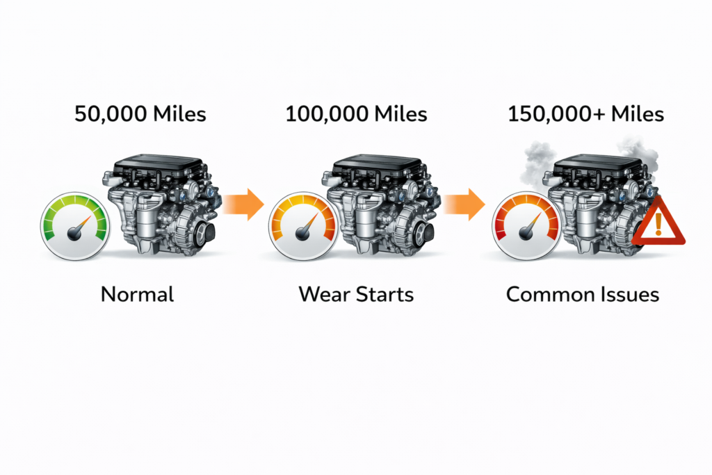 Accord engine reliability chart showing 50k normal, 100k wear starts, and 150k+ common issues in real world use
