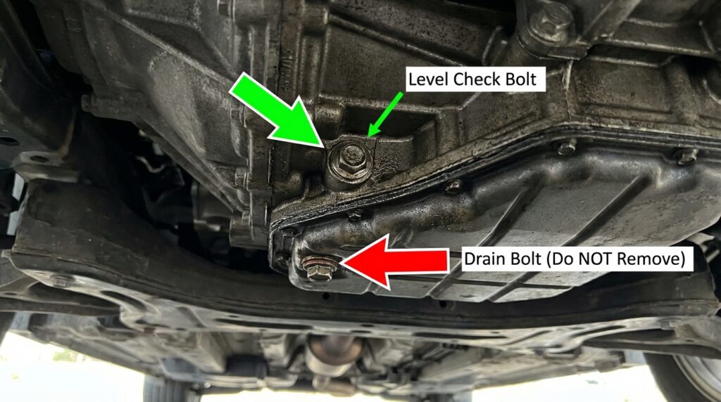How to check transmission fluid Honda Accord from underneath showing transmission level check bolt and drain bolt location clearly labeled.