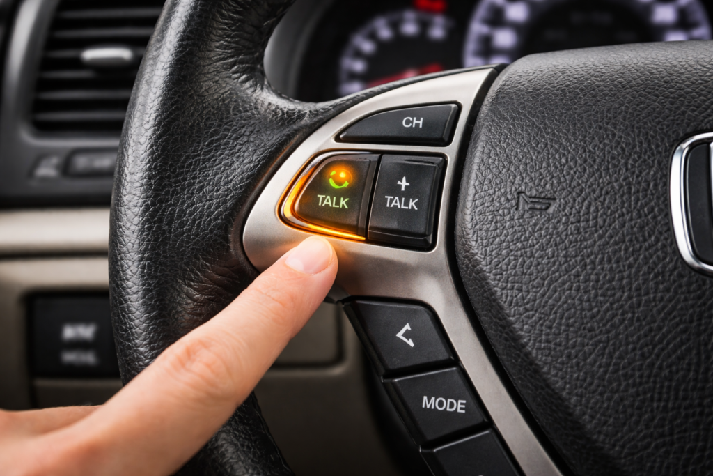 Close-up of Honda Accord steering wheel showing highlighted Talk button used to delete a Bluetooth device in 2003–2012 Accord models.
