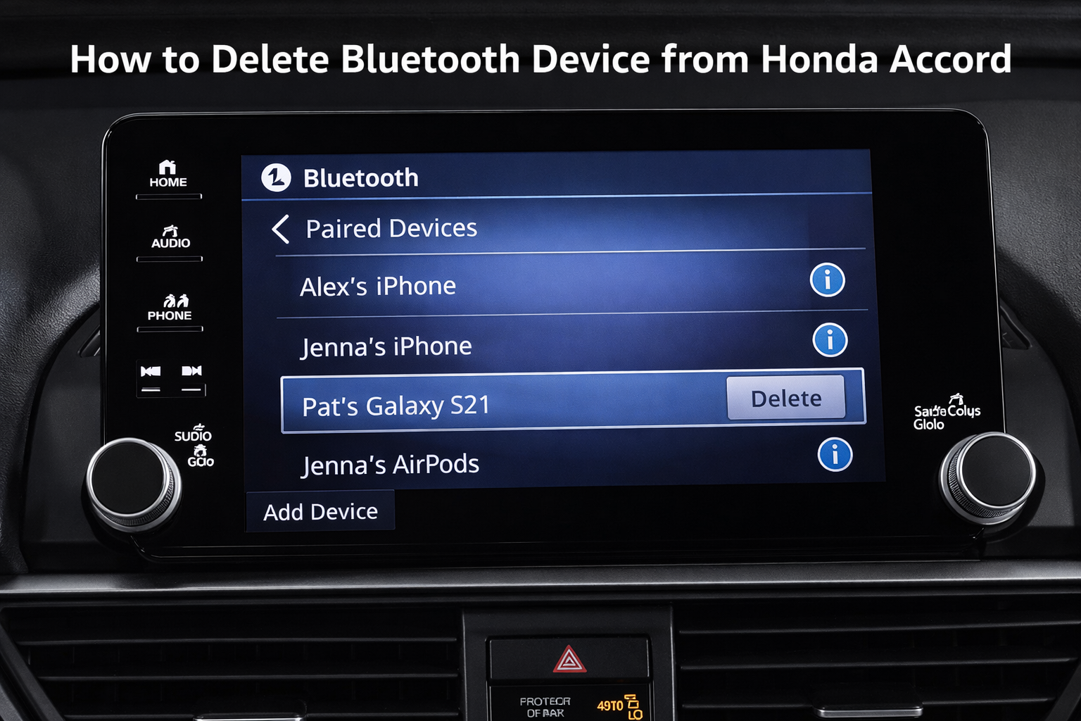 How to Delete Bluetooth Device from Honda Accord shown on infotainment screen with paired devices list and selected phone ready to remove.
