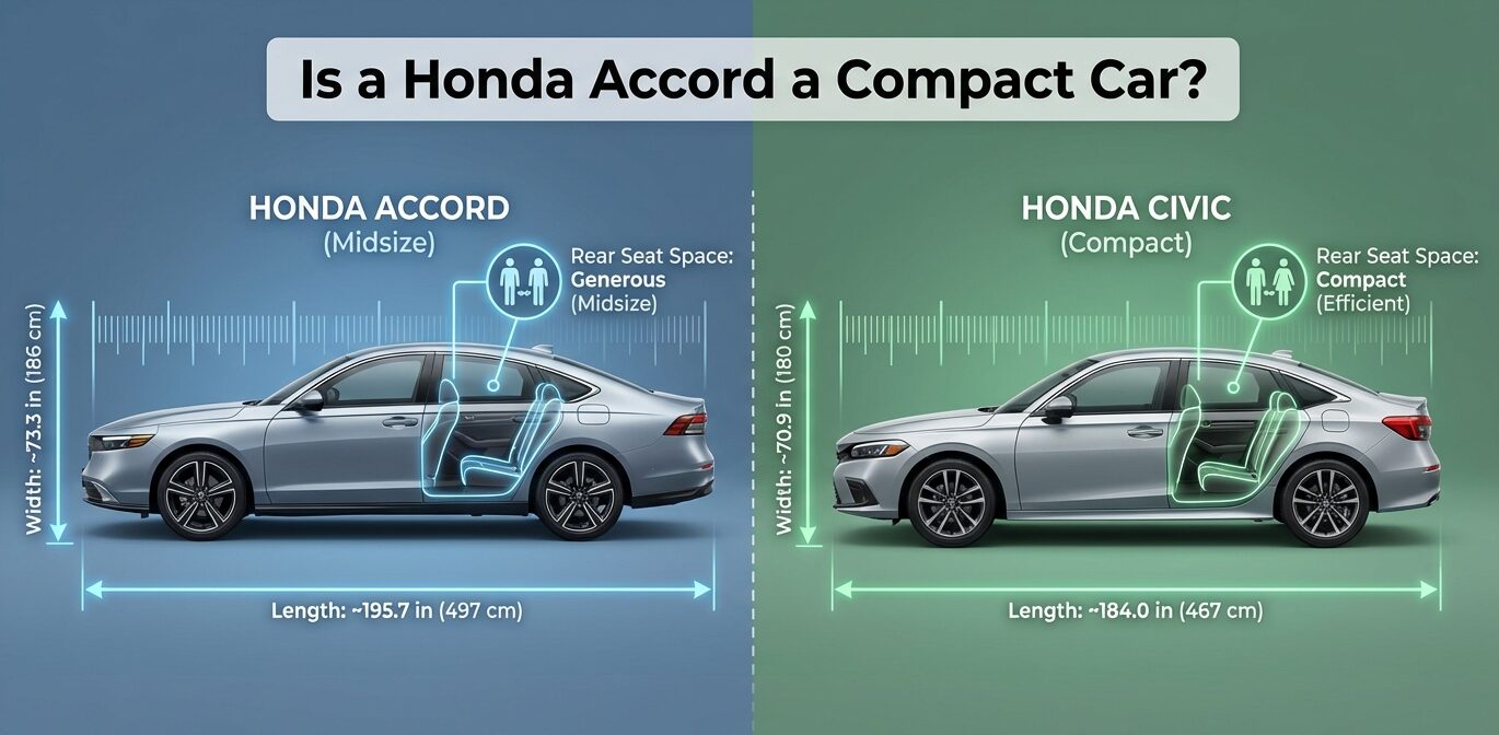 Is a Honda Accord a Compact Car? Comparison image showing Accord vs Civic size, length, width, and rear seat space overlay.