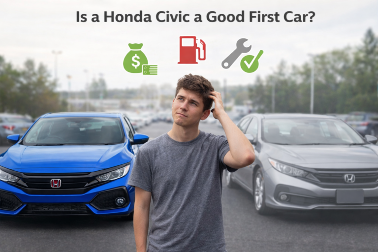 Young driver comparing cars with highlighted Civic and icons, illustrating Is a Honda Civic a Good First Car? decision factors.