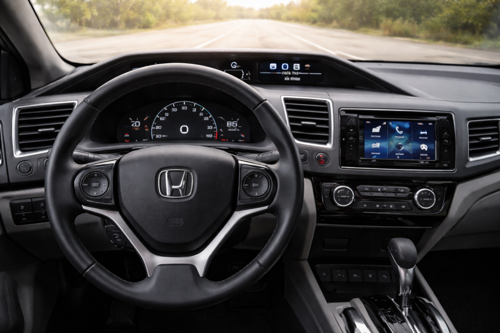 Honda Civic interior dashboard showing over 200,000 miles on odometer highlighting reliability for first-time drivers.
