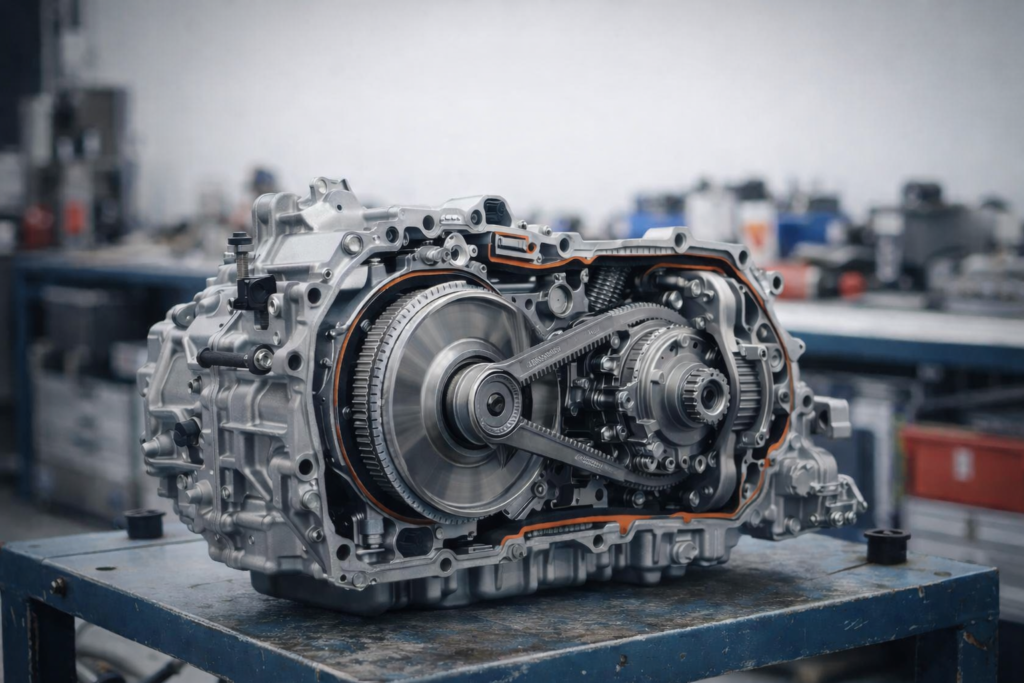 Is the Honda Civic CVT Transmission Reliable Long Term? Cutaway CVT assembly on workshop bench showing belt and pulleys clearly