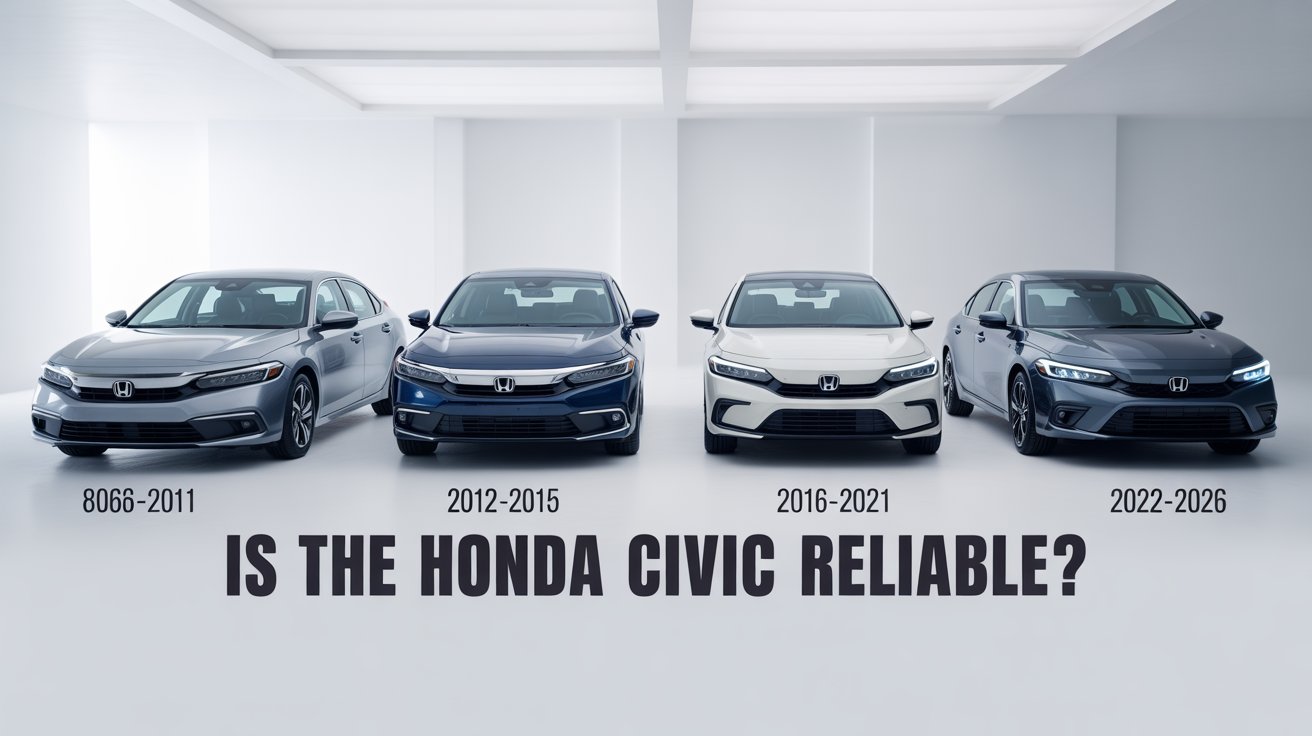 Is The Honda Civic Reliable? Four Honda Civic generations 2006–2026 shown side by side in a clean studio comparison view.