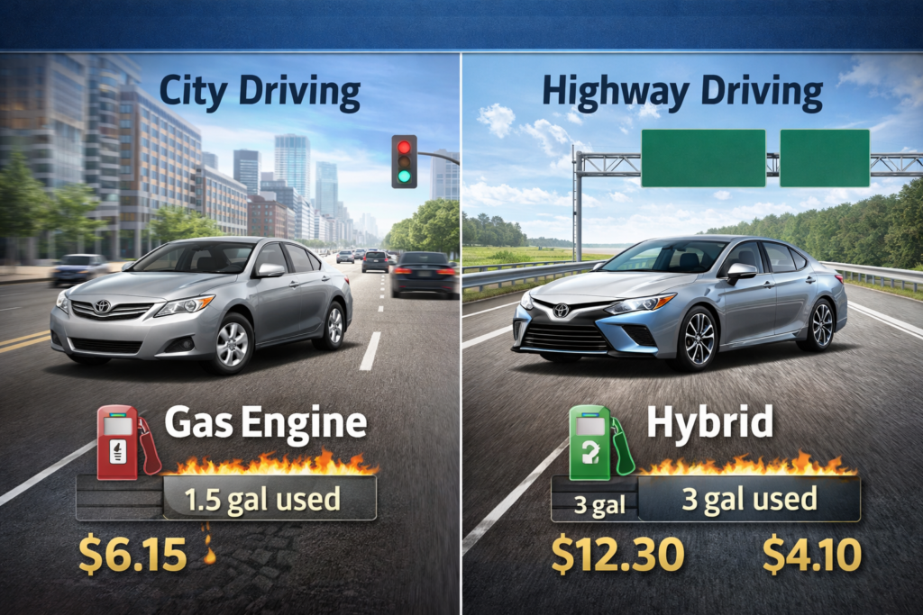 Gas vs hybrid comparison showing city and highway driving with fuel usage icons and cost differences to help choose the right engine
