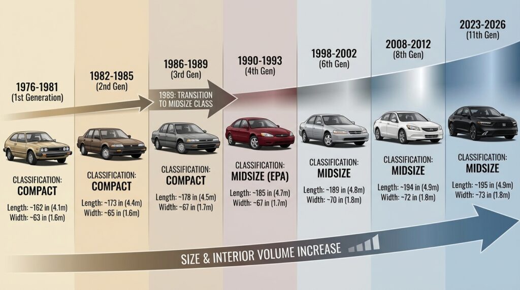 Honda Accord size evolution timeline showing compact to midsize classification changes from 1976 to 2026 with dimensions.