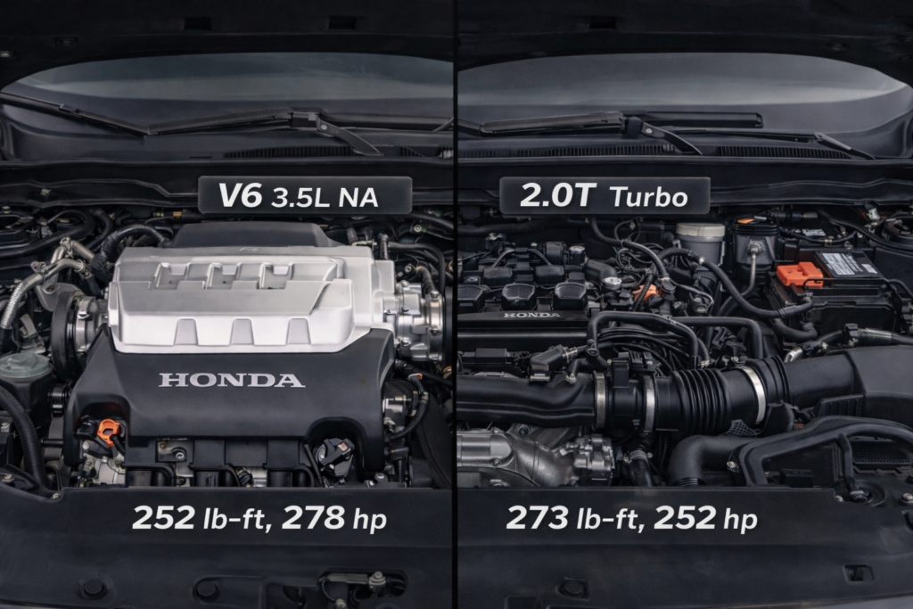 Split engine bay image asking Was the V6 Accord Faster Than the 2.0T? showing torque and hp comparison side by side
