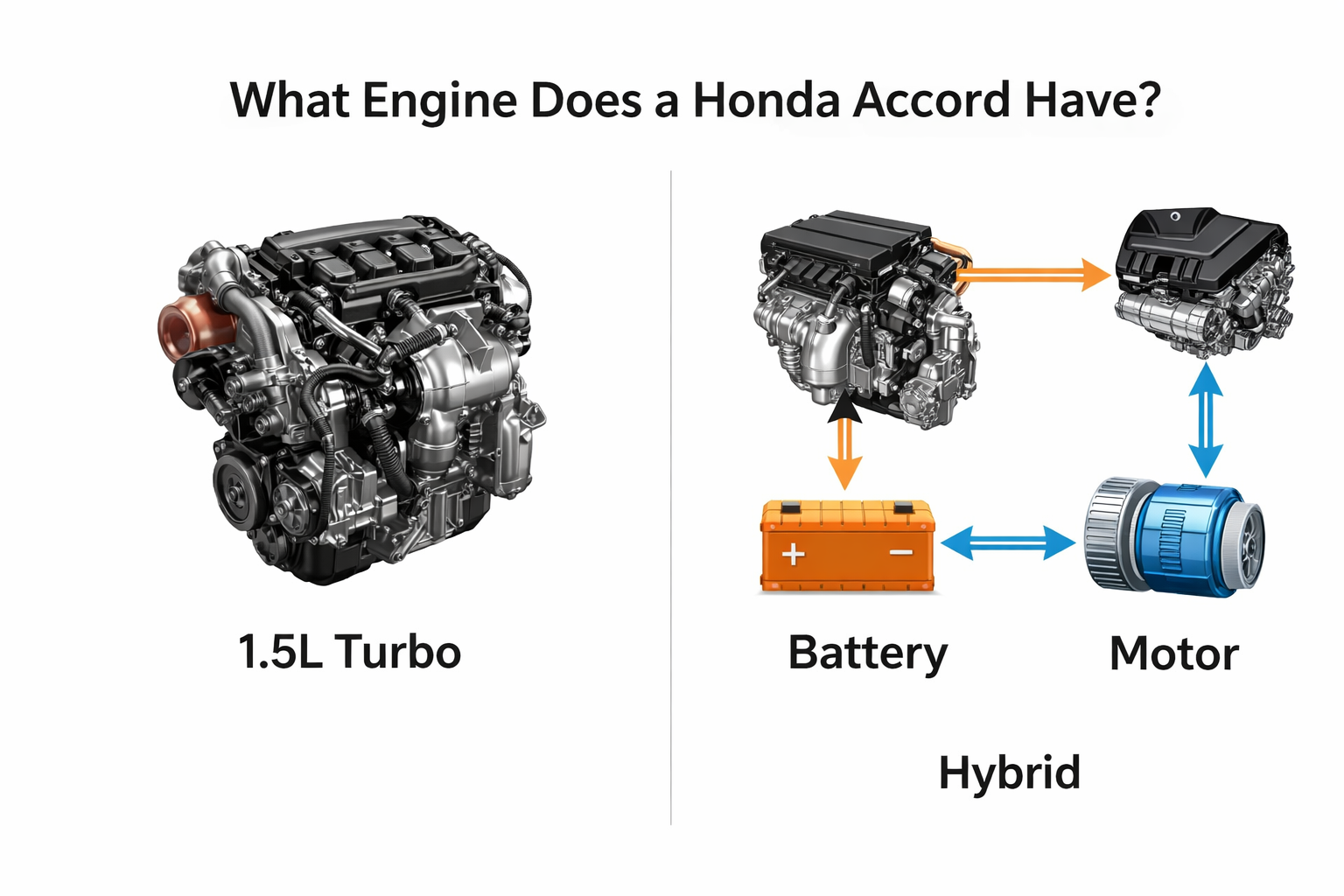 Side-by-side diagram showing 1.5L turbo engine and hybrid system explaining what engine does a Honda Accord have clearly