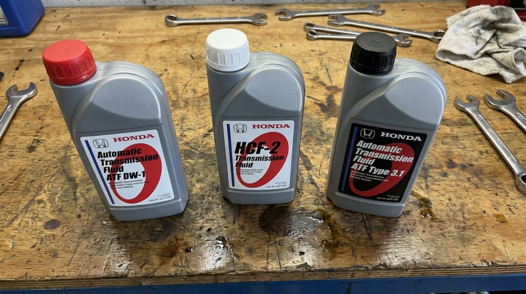Honda automatic transmission fluid bottles including ATF DW-1, HCF-2, and ATF Type 3.1 placed on a workshop bench with tools in background.