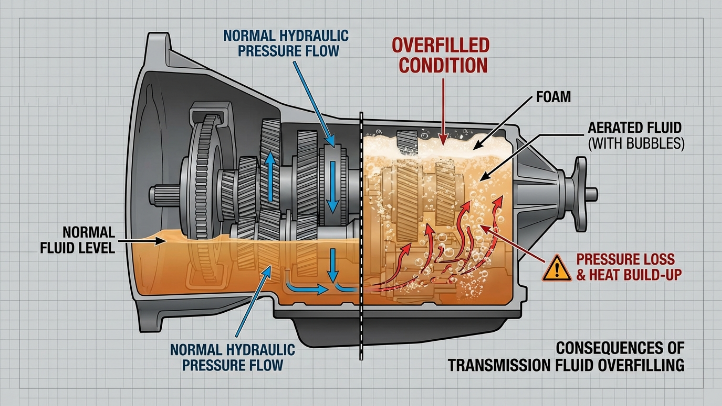 Diagram showing Honda Accord transmission fluid overfilled condition, foam buildup, aerated fluid, pressure loss, and heat damage inside gearbox.
