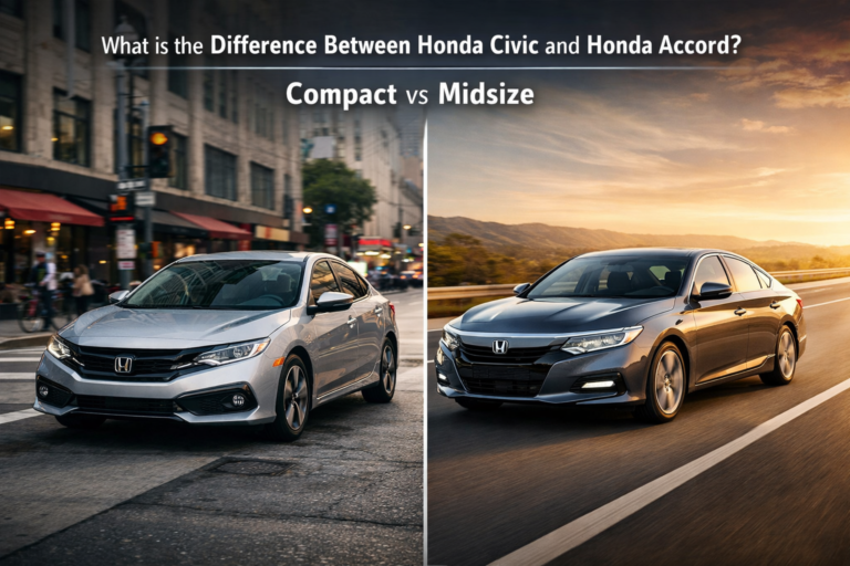 What is the Difference Between Honda Civic and Honda Accord? side-by-side image showing compact Civic city drive vs midsize Accord highway ride