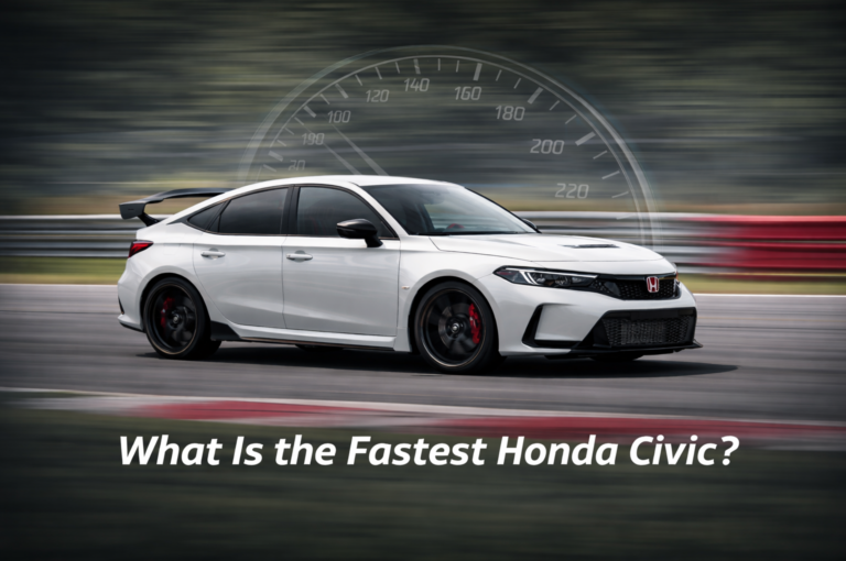 What Is the Fastest Honda Civic? Honda Civic Type R racing on track with motion blur and speedometer graphic highlighting performance.