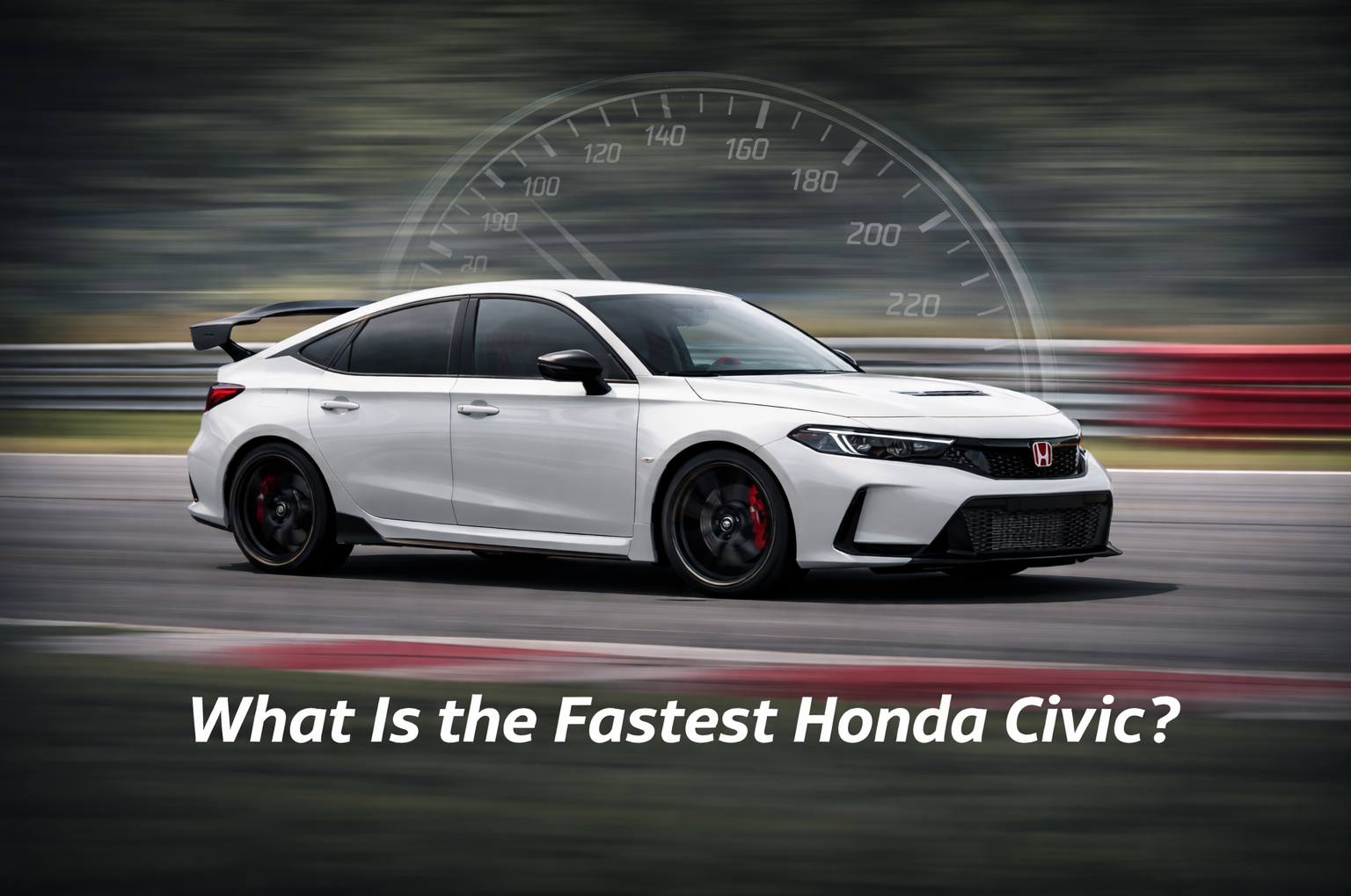 What Is the Fastest Honda Civic? Honda Civic Type R racing on track with motion blur and speedometer graphic highlighting performance.