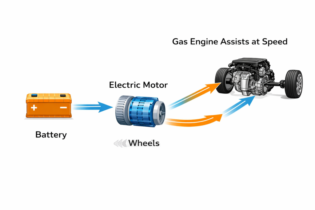 Hybrid powertrain diagram showing battery, electric motor, and gas engine assisting at speed for efficient performance and power flow
