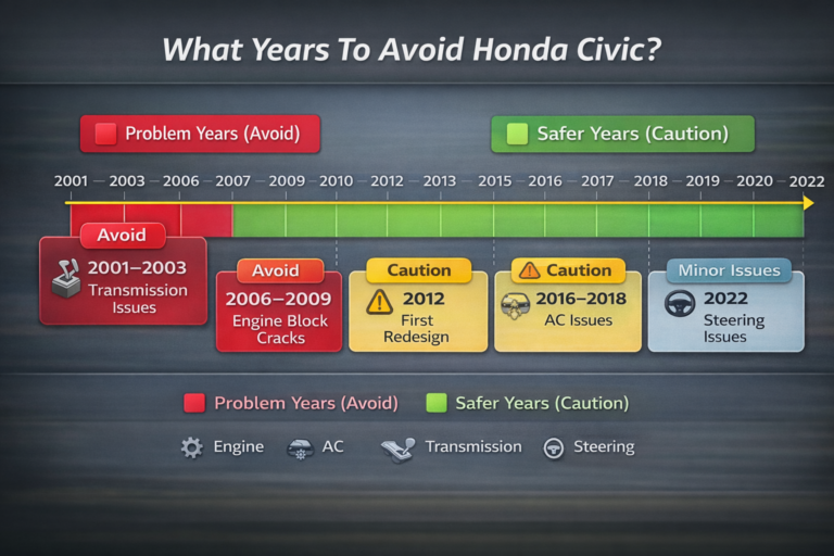 Timeline infographic explaining What Years To Avoid Honda Civic? showing problem years in red and safer years in green with engine, AC, and transmission icons.
